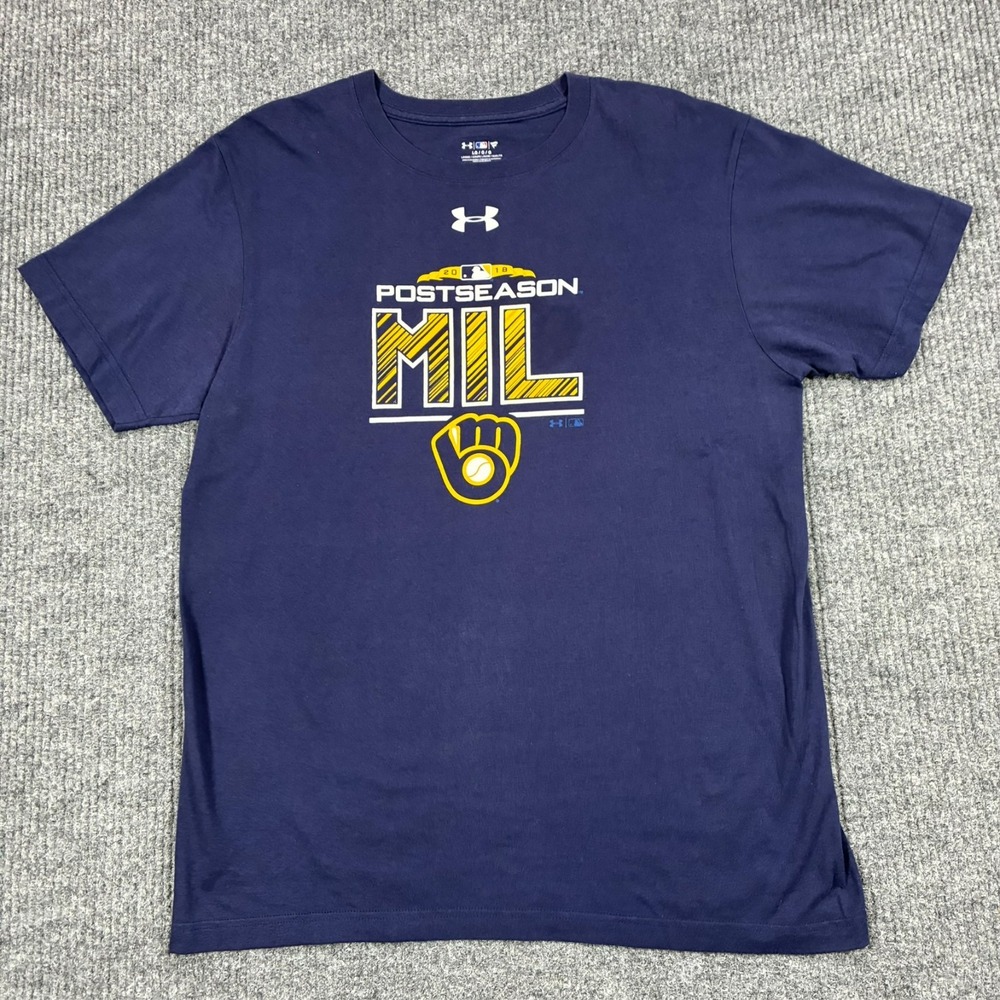 Under Armour Milwaukee Brewers 2018 Postseason MLB T Shirt Mens Large Navy